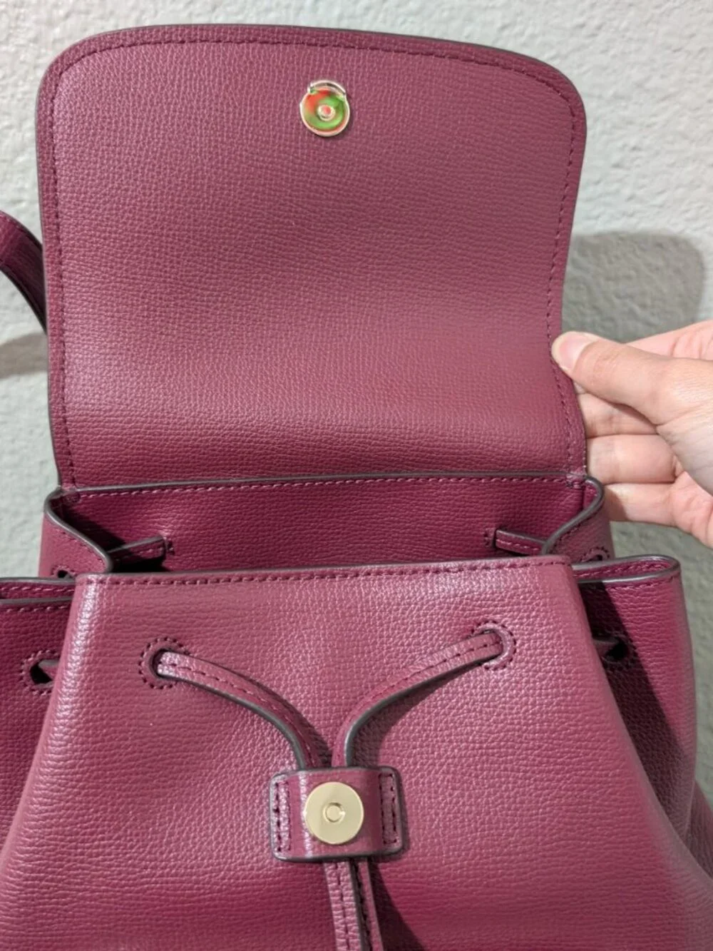 Kate Spade Darcy Flap Backpack Grain Leather WKR00548 Burgundy Drawstring